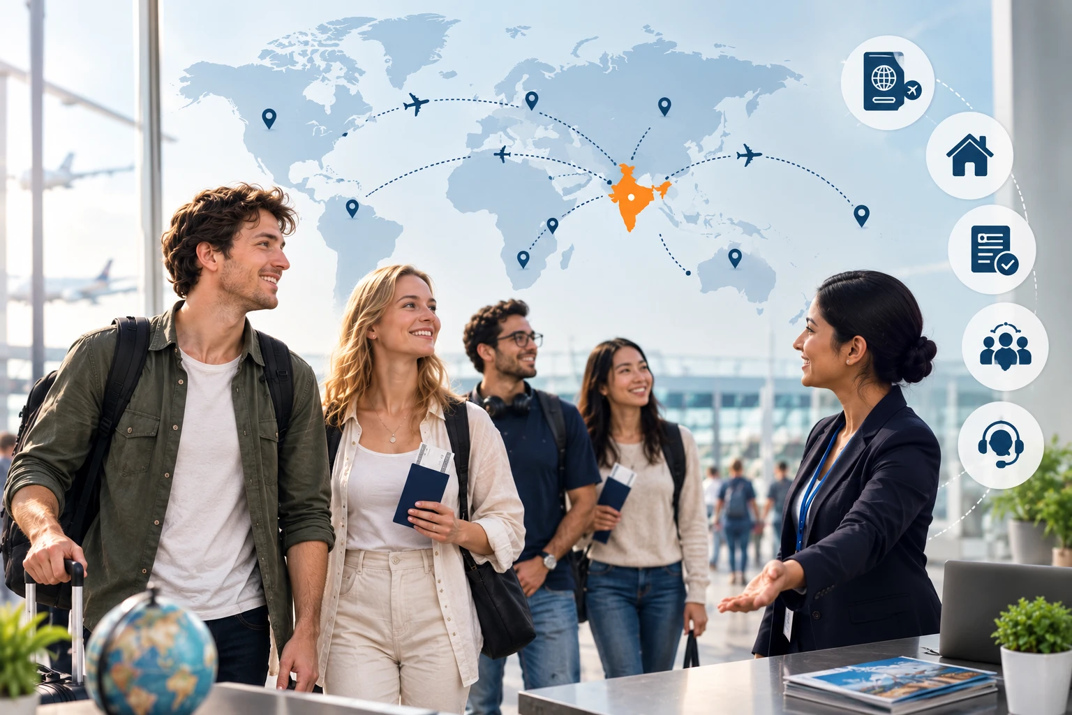 Expat employees arriving at the airport and welcomed by a local support coordinator, with a world map showing relocation to India