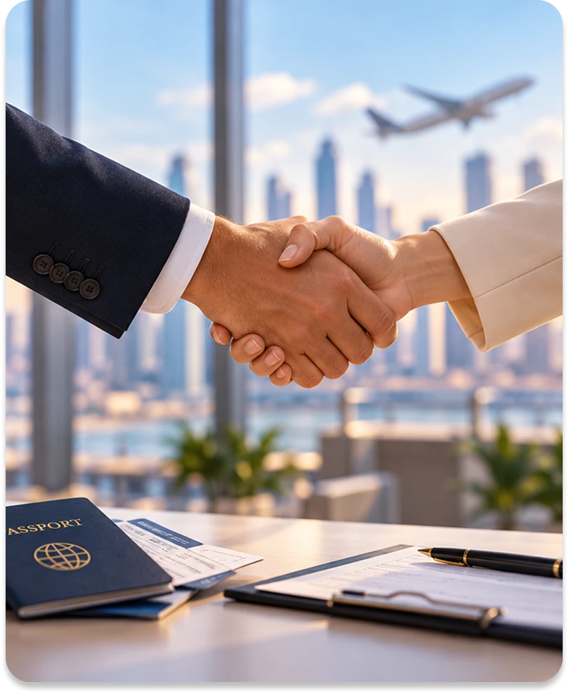 Handshake for an expat services partnership in India, with a passport and relocation documents on the desk